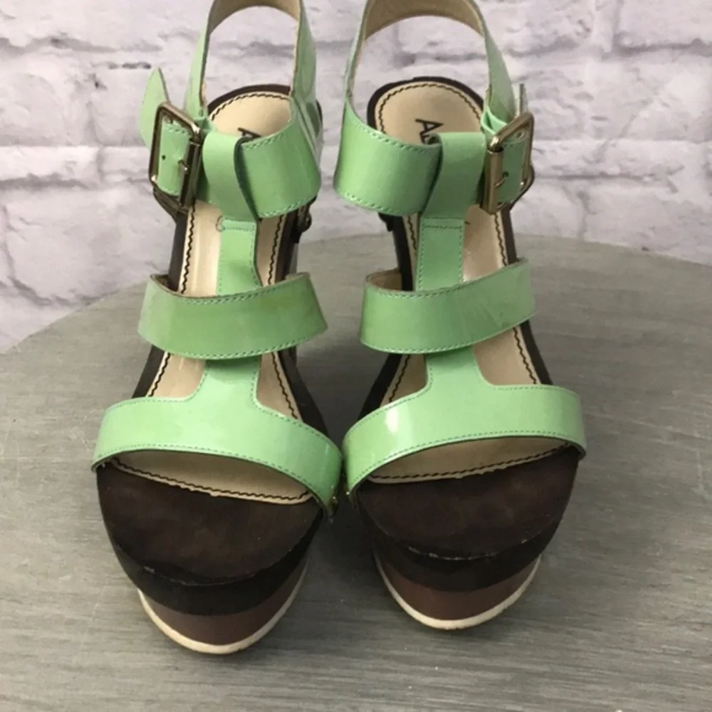ABS Allen Schwartz Leather “Graciela” Ankle Strap Wedges, Mint Green 7.5